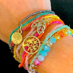 Set of Girl’s Boho Glass Bead Friendship Bracelets with Gold Charms
